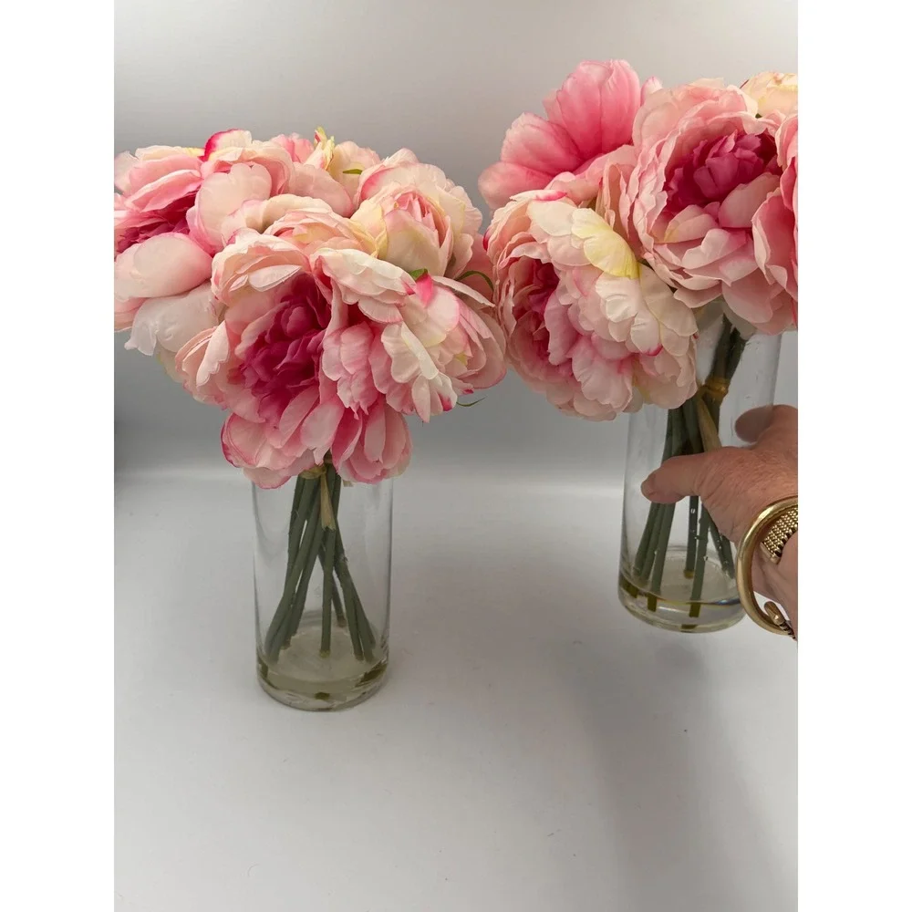 Set of 2 Faux Pink Peony Silk Flower Arrangements in Glass Vases with Faux Water